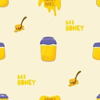 Seamless vector pattern of honey jar, wooden spoon, lettering 100 honey, honey streaks. Cartoon, flat style. Use for postcards, T-shirt printing, for children, advertising, brochures, stationery.