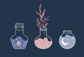 Linear bottle with magic potion, botanical illustration, liquid for Halloween celebration, ingredients vector