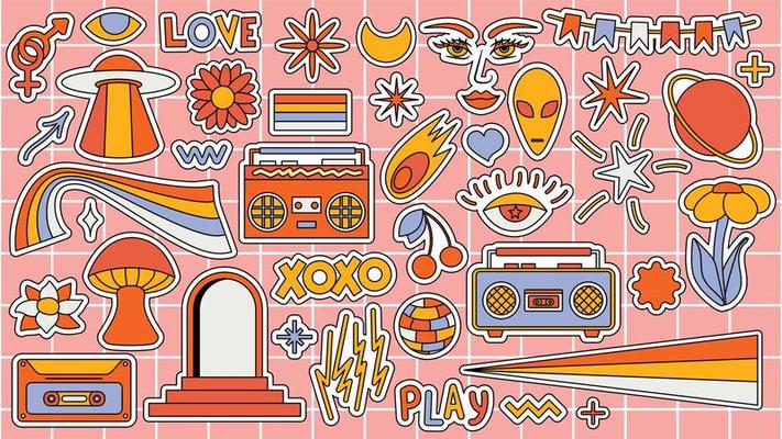 Set of hipster retro cool psychedelic elements. Collection stickers of groovy cliparts from the 70s 60s. Collage with trendy pop vibe with funky design element. Abstract background of cartoon sticker
