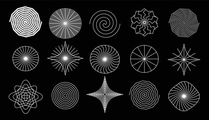 Set of abstract geometric technology elements in cyberpunk style. Retro vintage collection 3d virtual digital design. Texture 80s vr. Futuristic metaverse pattern. Vector isolated template background