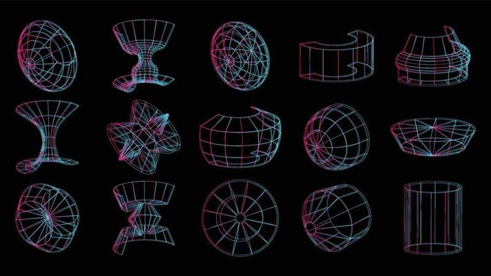 Set of abstract geometric technology elements in cyberpunk style. Retro vintage collection 3d virtual digital design. Texture 80s vr. Futuristic metaverse pattern. Vector isolated template background
