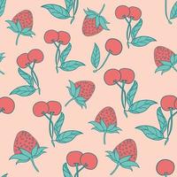 diseño de patrones sin fisuras de fresas y cerezas. hermoso fondo de bayas tropicales. frutas tropicales y hojas de fondo transparente. bueno para estampados, papel de envolver, textiles y telas. vector