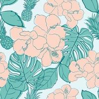 Tropical hibiscus, palm leaves, monstera, pineapple seamless pattern background. Exotic jungle wrapping paper. Beautiful print with hand drawn exotic plants. Summer design for fashion, print vector