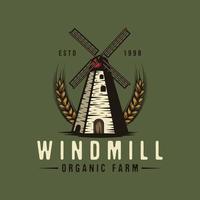molino de viento de granja vintage con emblema de coronas de trigo vector