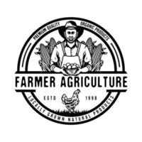 Vintage Old Farmer with organic egg basket in hands and corns badge design vector