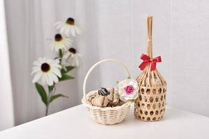 Thai traditional dessert in wicker bamboo basket photo