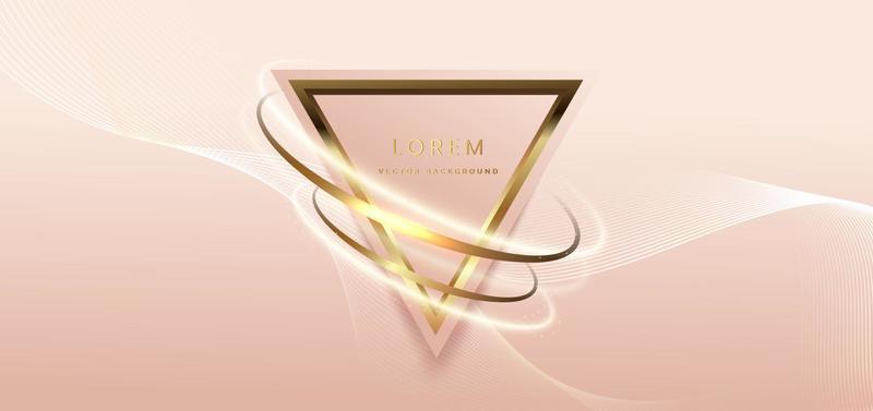 Abstract glegant triangle frame with gold curve lines and lighting effect spakle on soft pink background. Template luxury design.