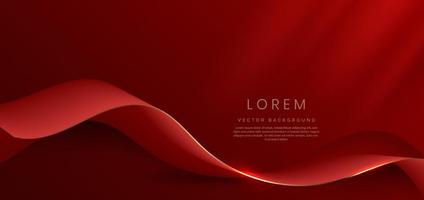 Abstract 3d gold curved red ribbon on red background with lighting effect and sparkle with copy space for text. Luxury design style. vector