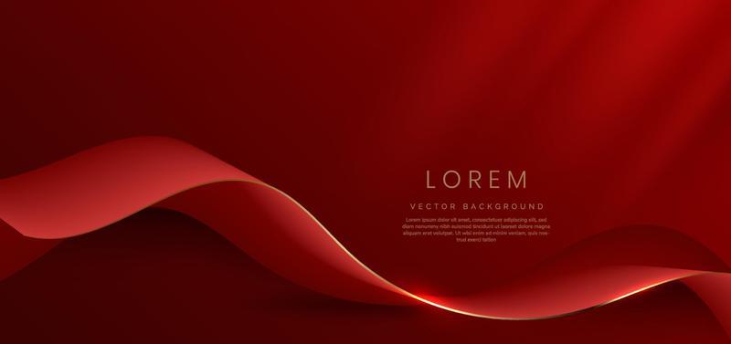 Abstract 3d gold curved red ribbon on red background with lighting effect and sparkle with copy space for text. Luxury design style.