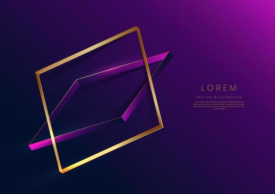 Abstract 3d gold square frame on purple and dark blue background with lighting effect and sparkle with copy space for text. Luxury square frame design style.