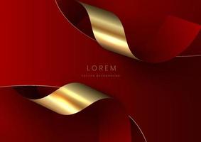 Abstract 3d curved red and gold ribbon on red background with lighting effect copy space for text. Luxury design style. vector