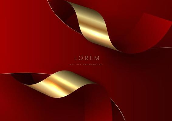 Abstract 3d curved red and gold ribbon on red background with lighting effect copy space for text. Luxury design style.