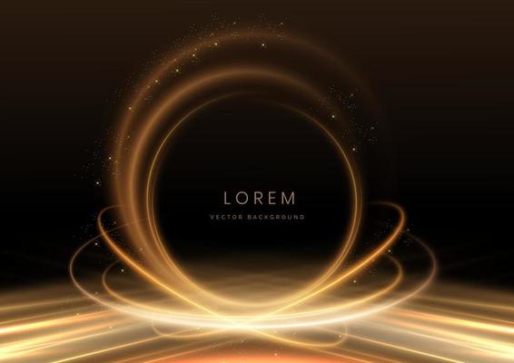 Abstract luxury golden circle glowing lines curved overlapping on black background with lighting effect sparkle. Template premium award design.