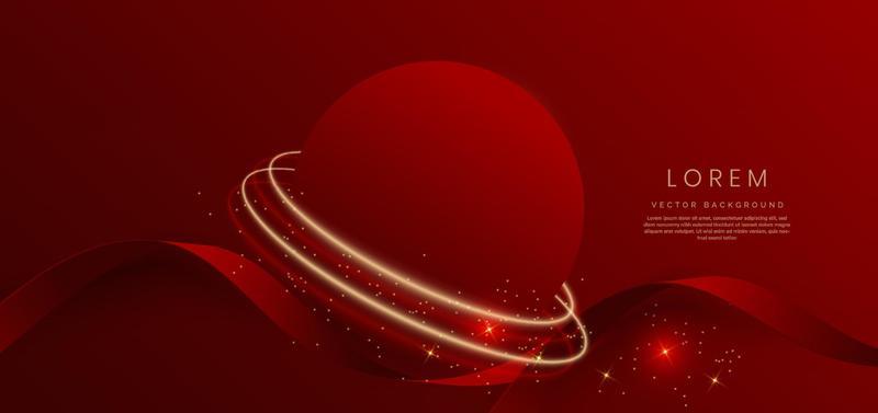 Abstract 3d gold curved red ribbon on red background with lighting effect and sparkle with copy space for text. Luxury design style.