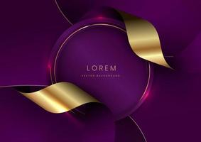 Abstract 3d curved violet and gold ribbon on violet background with lighting effect copy space for text. Luxury design style. vector