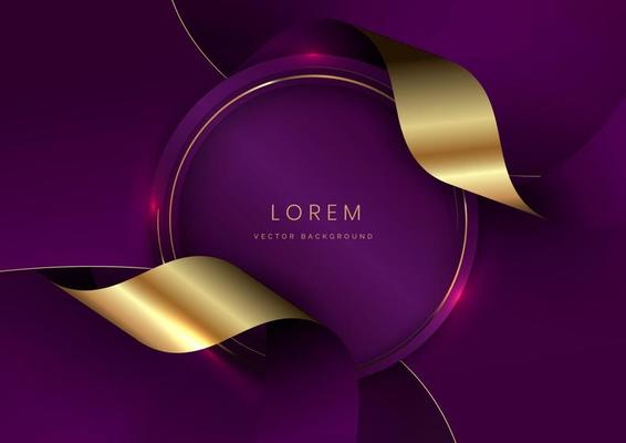 Abstract 3d curved violet and gold ribbon on violet background with lighting effect copy space for text. Luxury design style.