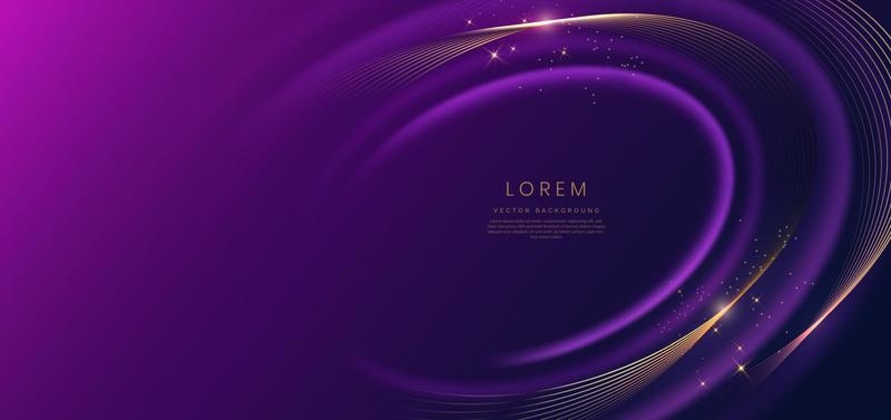 Abstract luxury golden lines curved overlapping on dark blue and purple background with lighting effect sparkle. Template premium award ceremony design.