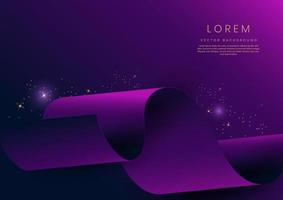 Abstract 3d gold curved ribbon on purple and dark blue background with lighting effect and sparkle with copy space for text. Luxury design style. Vector illustration