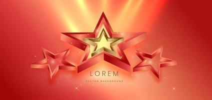 Estrella dorada 3d con dorado y rojo sobre fondo rojo con efecto de iluminación y spakle. diseño de premio premium de lujo de plantilla.