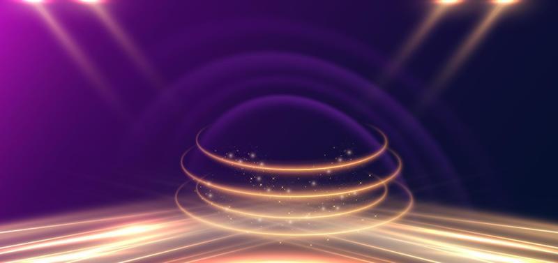 Abstract luxury golden lines curved overlapping on dark blue and purple background with lighting effect spakle. Template premium award ceremony design.