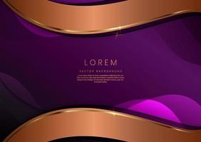 Luxury 3d template design curved gold overlapping layers stripes and gold glitter line light sparking on violet background with copy space for text. vector