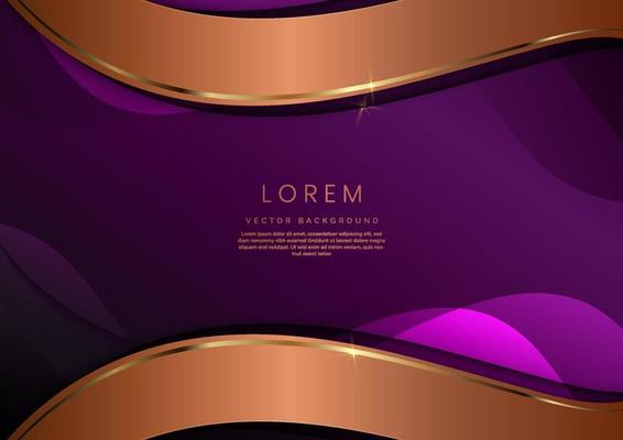 Luxury 3d template design curved gold overlapping layers stripes and gold glitter line light sparking on violet background with copy space for text.