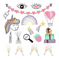 valentines day set hand drawn. . collection icon, sticker. unicorn, stars, champagne glasses, balloon, heart, eye, magnifying glass, incense sticks, man and woman symbol garland rainbow strawberry vector