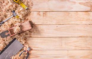 Set of Carpenter plane on wooden background with copy space photo