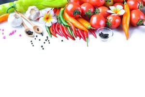 ingredientes asiáticos comida especias frescas vegetales tomate, chile, ajo, pimienta, plumeria vista superior con espacio para texto. foto