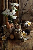 quail eggs on a vintage wooden background photo