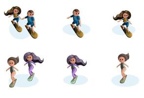 Vector set of stylized images of girls and guys on a surfboard in pairs and singles.