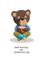 Vector image of a toy bear, with a reference to Slavic roots, sitting with a cup in Turkish