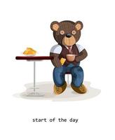 Vector image of a toy bear sitting with a cup and a treat at the table.