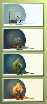 Vector set of stylized images of the four seasons on the example of a landscape from a skomya with a tree.