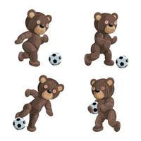 Vector image of a set of four knitted bears in various positions with a soccer ball. Isolated on white background. EPS 10