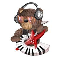 WebVector image of a toy bear with musical instruments in headphones for sound recording. Concept. Cartoon style. Isolated on white background. EPS 10 vector