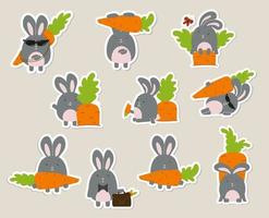 A set of stickers of different bunnies in a carrot. Vector set.