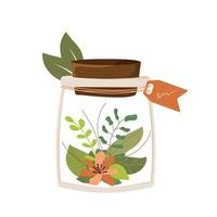 Jar with plants inside. Color illustration, on white background. Eco. vector