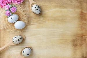 quail eggs on a vintage wooden background photo