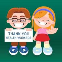 Boy and girl holding sign Thank you health workers in hospitals fighting the coronavirus, Vector illustration background for design