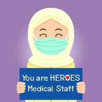 The child held a sign with a message praising the medical staff as the hero working in the hospital and fighting with the coronavirus, Vector illustration background for design