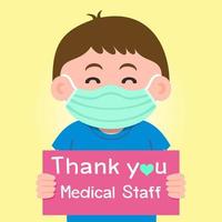 The child held a sign with a message thanking the doctors and nurses working in the hospital and fighting with the coronavirus, Vector illustration background for design