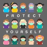 grupo de niños que usan máscaras médicas para prevenir enfermedades y usan una camiseta colorida con texto protéjase sobre fondo gris, ilustración vectorial vector