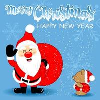 tarjeta de felicitación con lindo santa claus y lindo oso pardo, ilustración de vector de personaje de dibujos animados de vacaciones para feliz navidad y feliz año nuevo