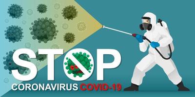 Vector illustration medical scientists in hazmat suits cleaning protection and disinfecting coronavirus cells, Epidemic concept pandemic health risk for design