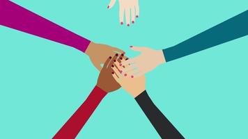 Different colors of hands gathering, anti-racism concept 4K animation, Racial equality, and global friendship concept with diverse hands footage. Diversity and multicultural people teamworking. video