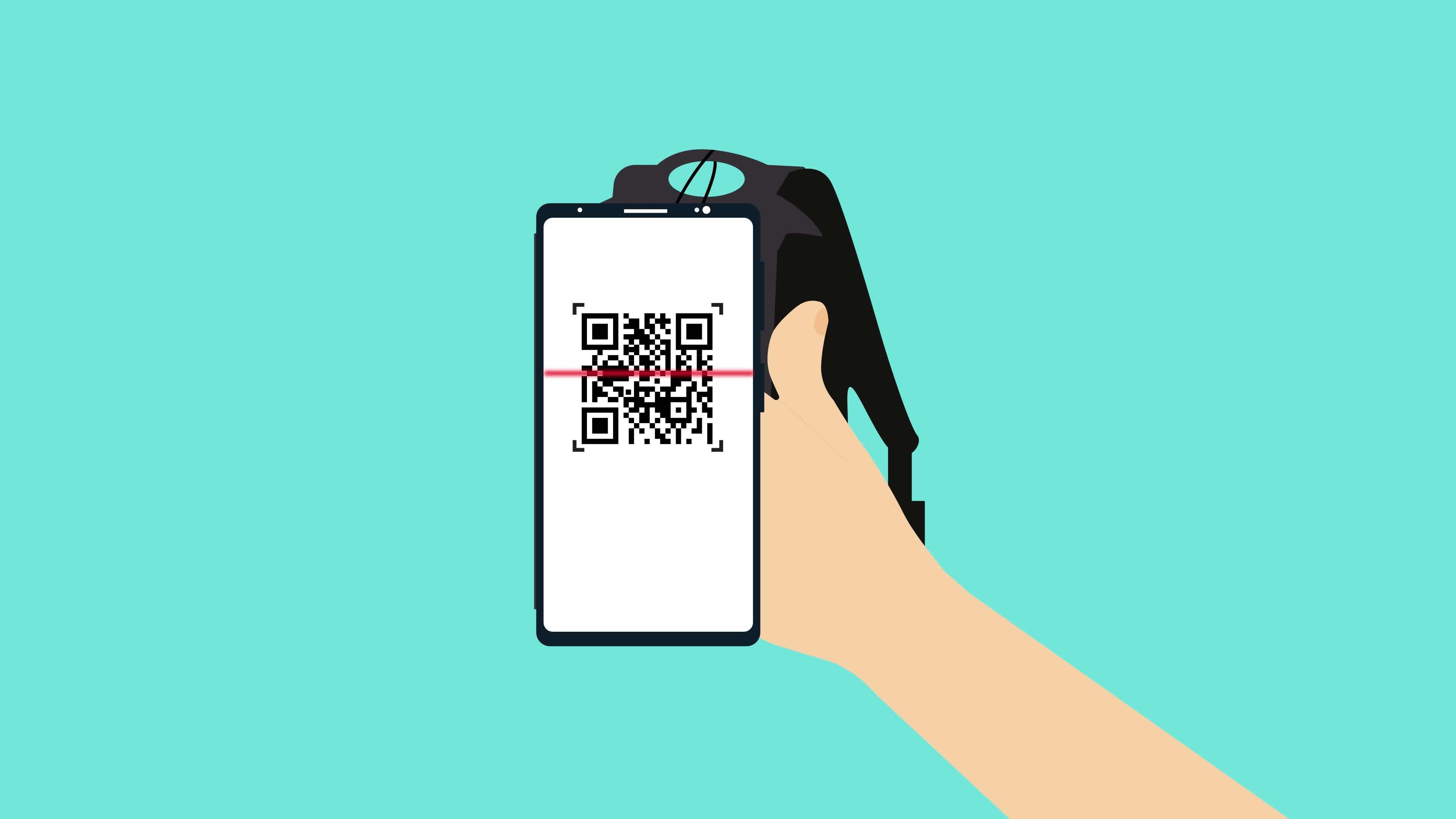Scanning QR code from a bag for payment 4K animation. Paying bills