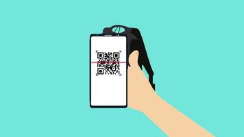 scansione del codice qr da una borsa per il pagamento animazione 4k. pagare le bollette online utilizzando un telefono cellulare per scansionare i codici QR sui prodotti. scansione manuale dei prezzi dei prodotti da qr code e scansione qr code da una borsa video