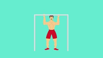 homem fisiculturista com bigode fazendo animação 4k exercício pull-up. homem vestindo uma cueca boxer vermelha e fazendo vídeo animado de treino regular. pull-up 4k filmagens com um homem musculoso com raiva. video