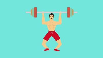Muscular man doing exercise with barbell 4K animation. Bodybuilder lifting a heavy barbell with angry face footage. Flat character animation with a barbell, red boxer pants, and a mustache. video